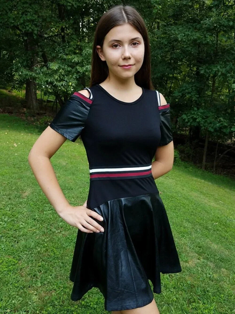 NEW School Boutique Truly Me Faux Leather Cold Shoulder Girls Dress 7 12 Last 2